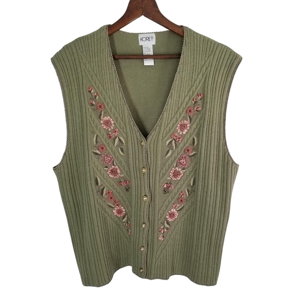 Vintage Koret L Sweater Vest Black Floral Embroidered Cottagecore Boho 90s 80s